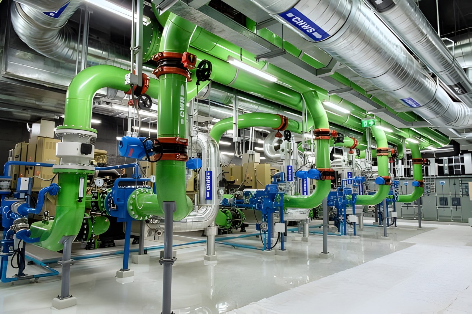 Pump room with multiple centrifugal pumps and piping