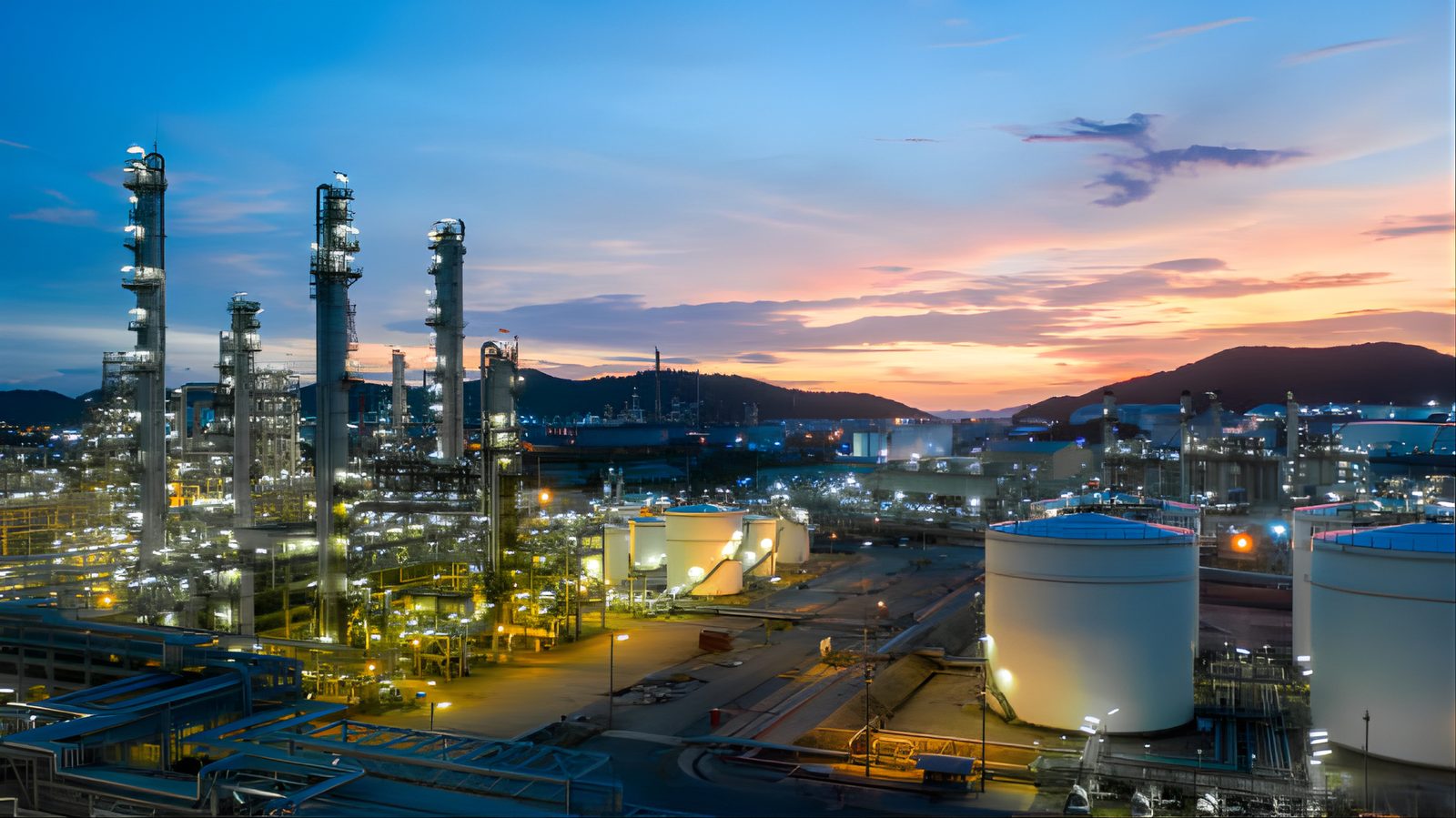 Industrial plant illuminated at dusk